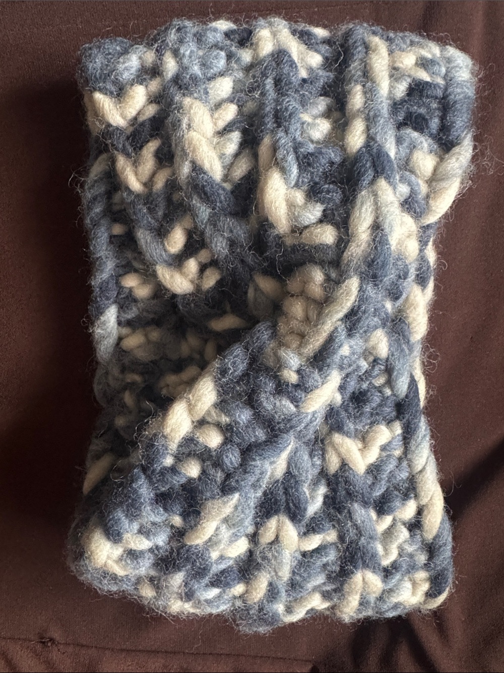 Handknit 100% wool Chunky Twist Headband in Blue and Cream